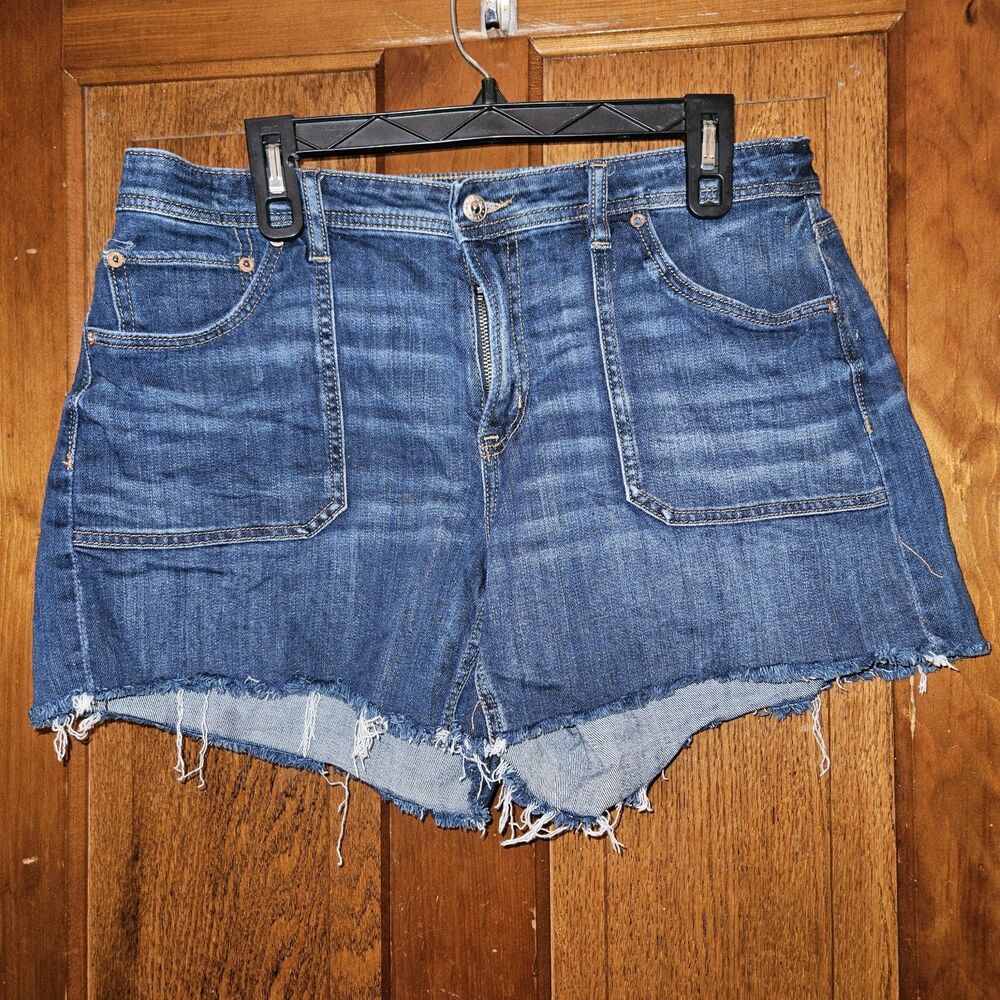 American Eagle Easy Shortie Jean Shorts 12 Mid Rise Stretchy Waist Raw Hem Denim